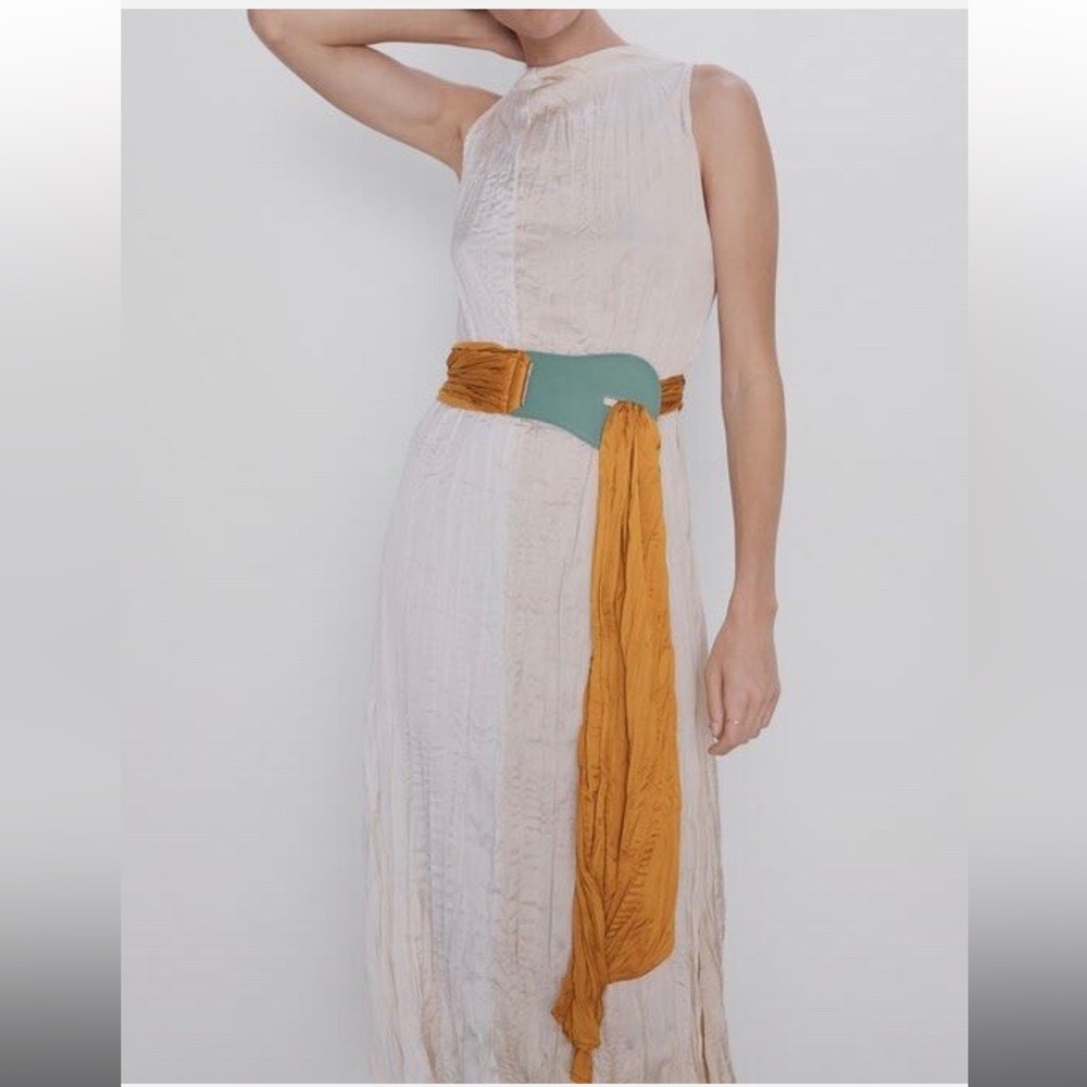 Zara women crinkle effect wrap dress camel/white with belt